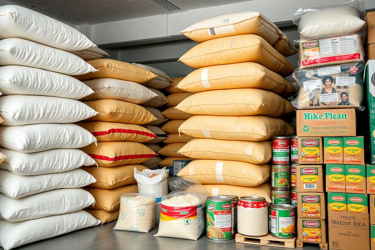Bulk staple food supplies stacked in a commercial storeroom