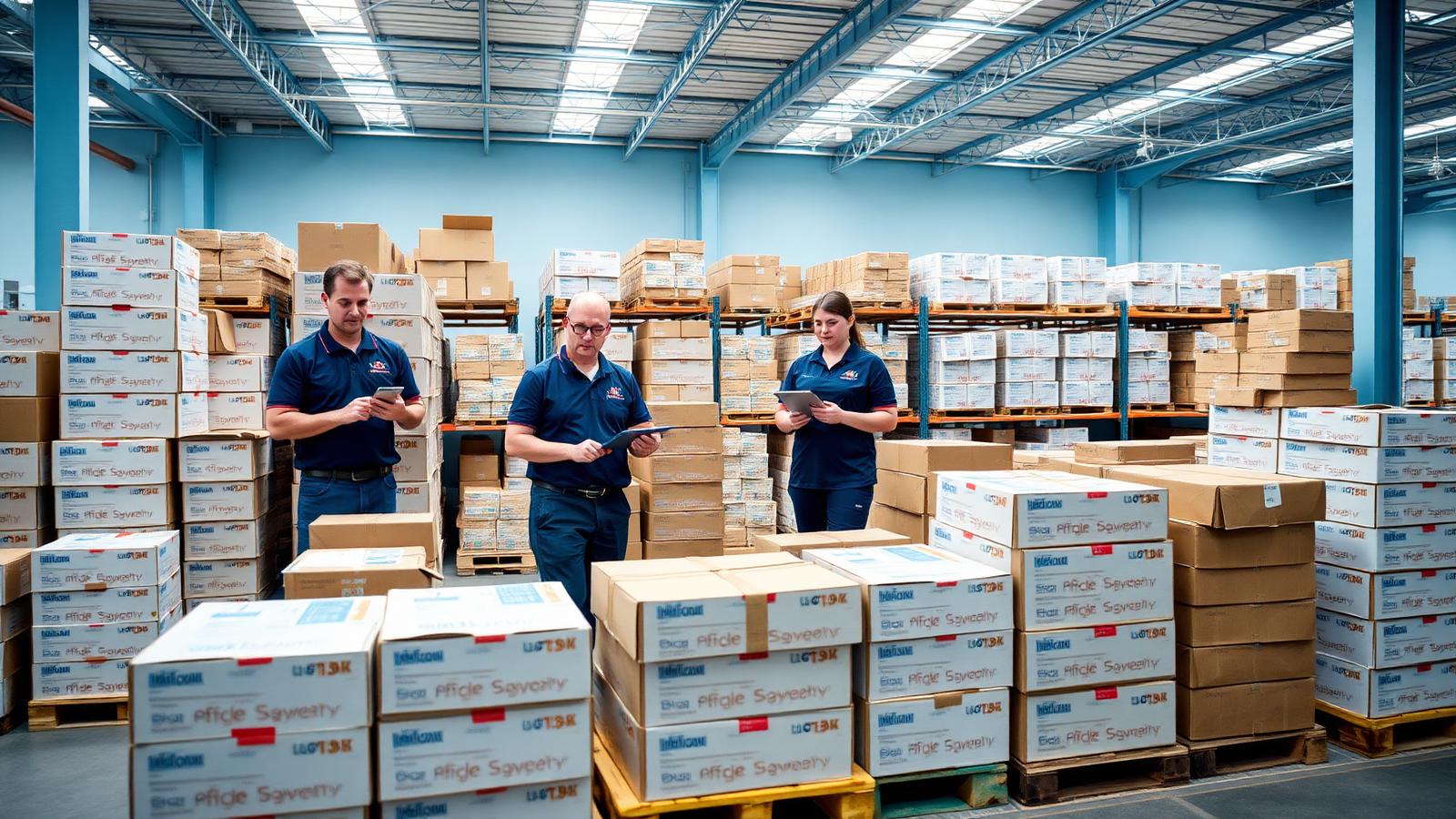 Warehouse team managing cartons of office and stationery supplies