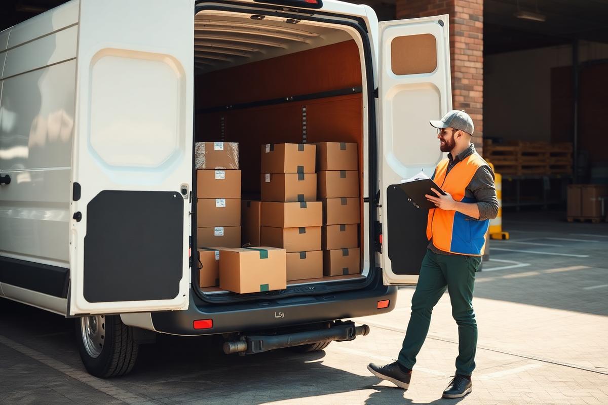 Delivery van being loaded with cartons of supplies at a loading bay