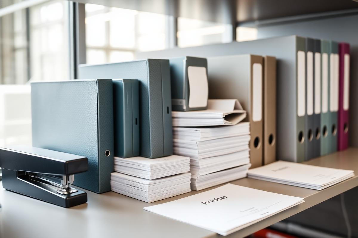 Office files, paper stacks and stationery arranged on an office shelf