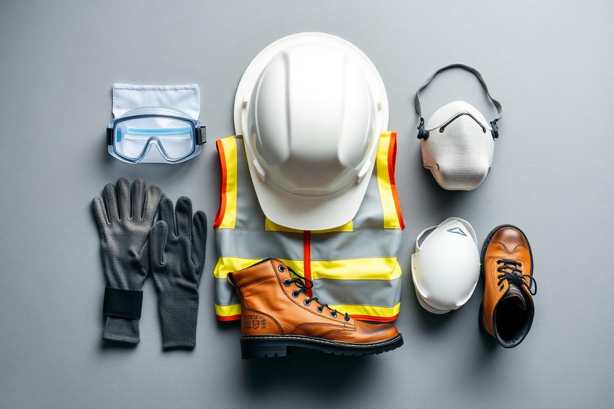 Personal protective equipment including hard hat, reflective vest, gloves and safety boots