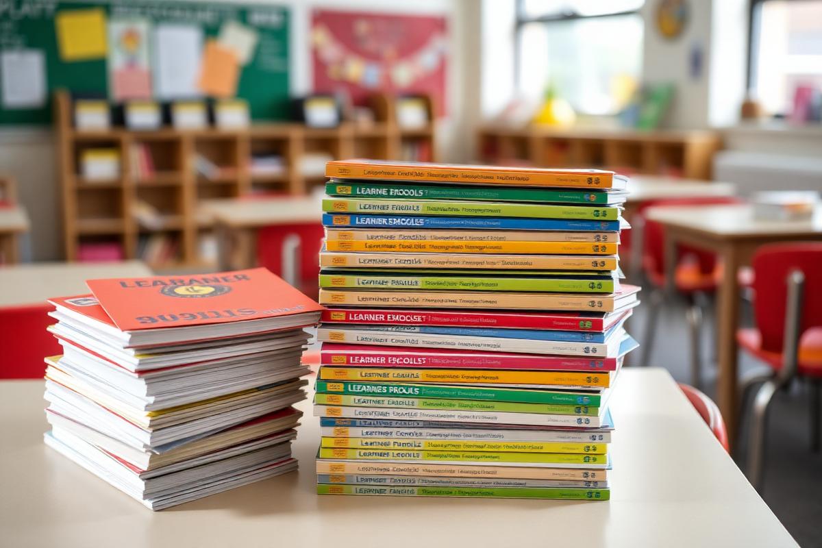 Stacks of new school exercise books and learner stationery packs