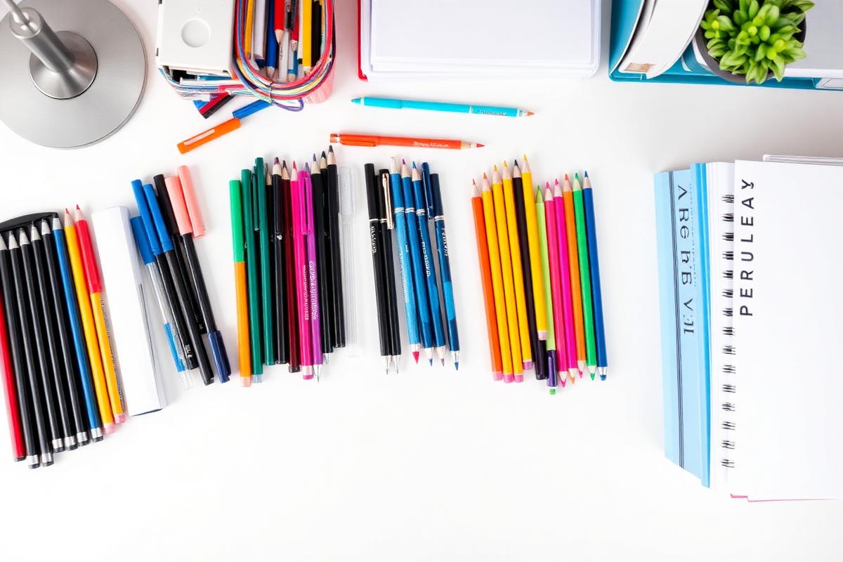 Stationery products including pens, pencils, notebooks and paper arranged on a desk